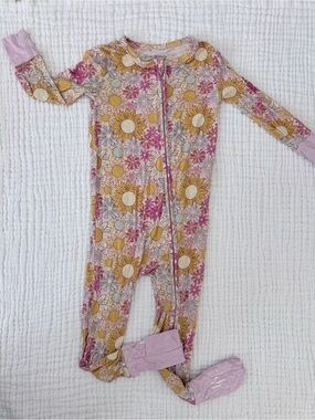 Posh Peanut Sunflower Convertible Zip One-Piece Pajamas - Pink & Yellow